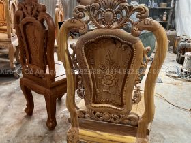 Ghế ăn hồng hạc gỗ gõ đỏ đục 2 mặt thủ công - giá rẻ 31 chân hậu liền cột tựa