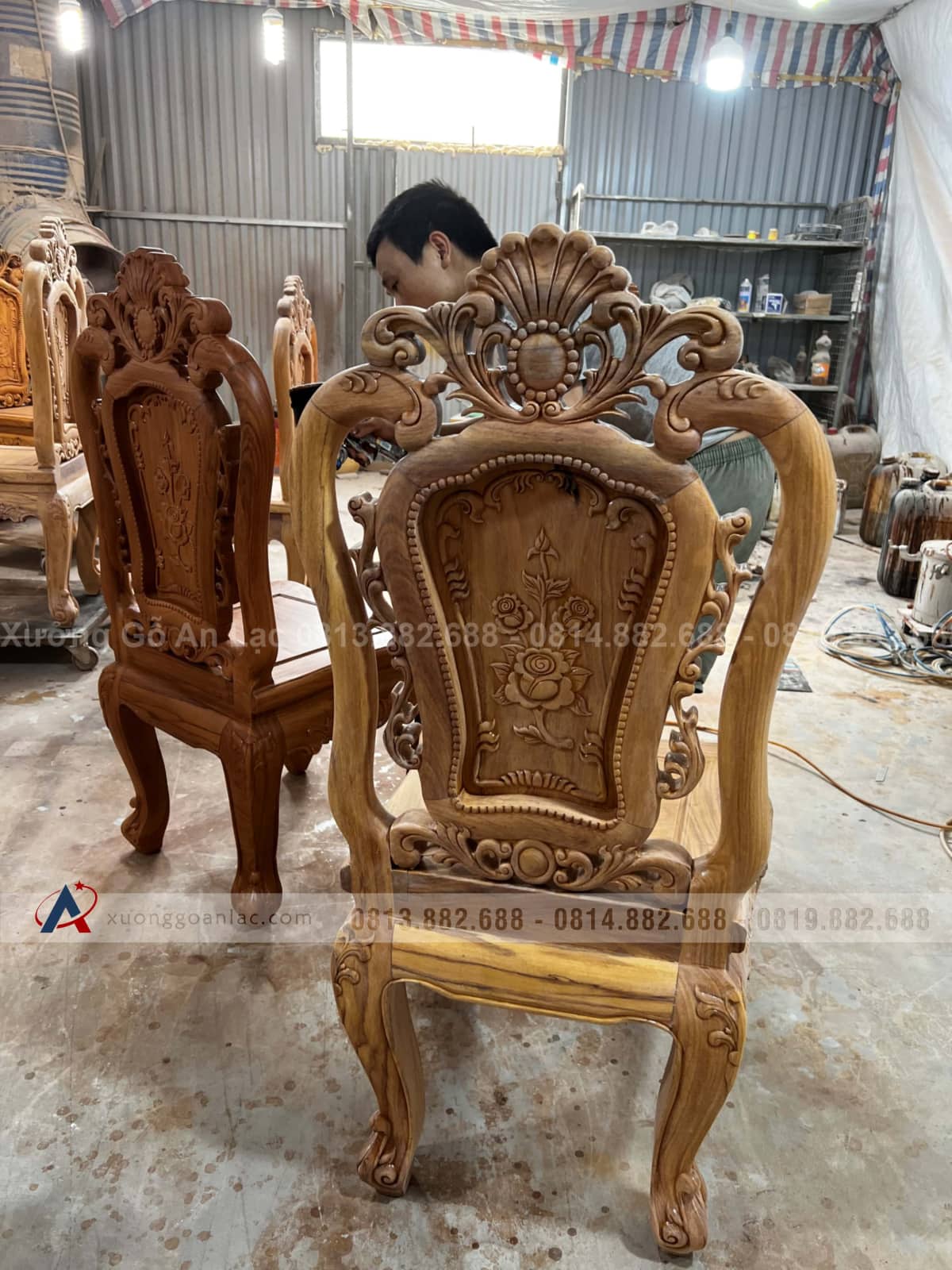 Ghế ăn hồng hạc gỗ gõ đỏ đục 2 mặt thủ công - giá rẻ 15 chân hậu liền cột tựa