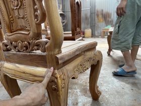 Ghế ăn hồng hạc gỗ gõ đỏ đục 2 mặt thủ công - giá rẻ 26 chân hậu liền cột