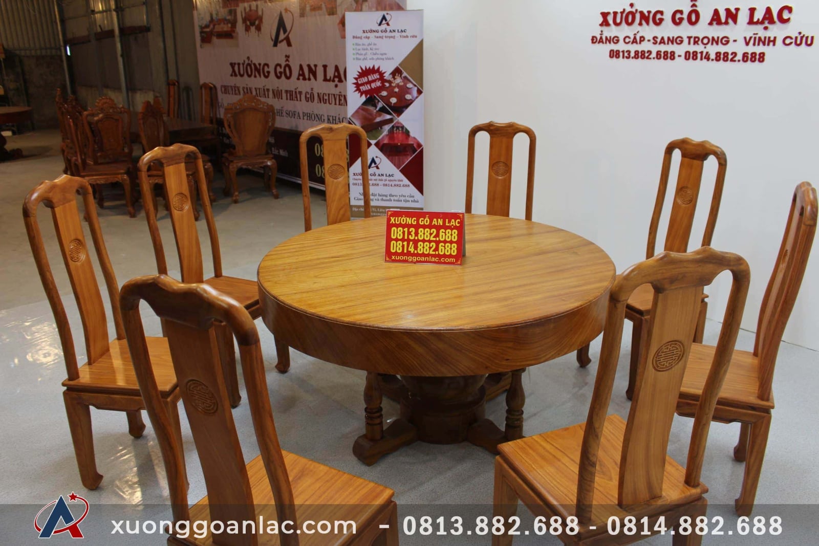 Bộ bàn tròn nguyên khối gỗ gõ đỏ 8 ghế triện chữ thọ tròn (Chị Ngọc Lan, Cao Bằng) 15 bộ bàn tròn nguyên khối gỗ gõ đỏ