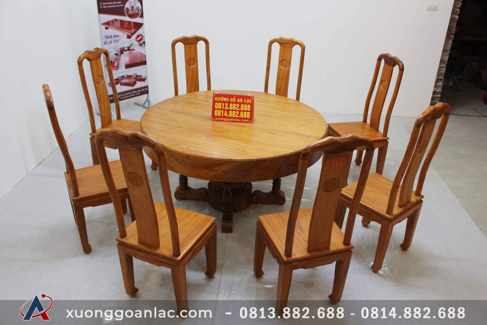 Bộ bàn tròn nguyên khối gỗ gõ đỏ 8 ghế triện chữ thọ tròn (Chị Ngọc Lan, Cao Bằng) 19 bộ bàn tròn 8 ghế