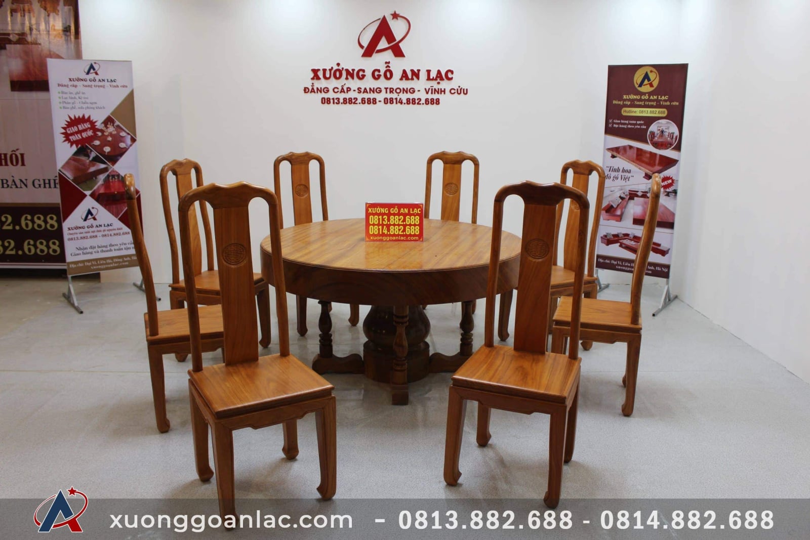 Bộ bàn tròn nguyên khối gỗ gõ đỏ 8 ghế triện chữ thọ tròn (Chị Ngọc Lan, Cao Bằng) 14 Bộ bàn nguyên khối với mẫu ghế triện chữ thọ