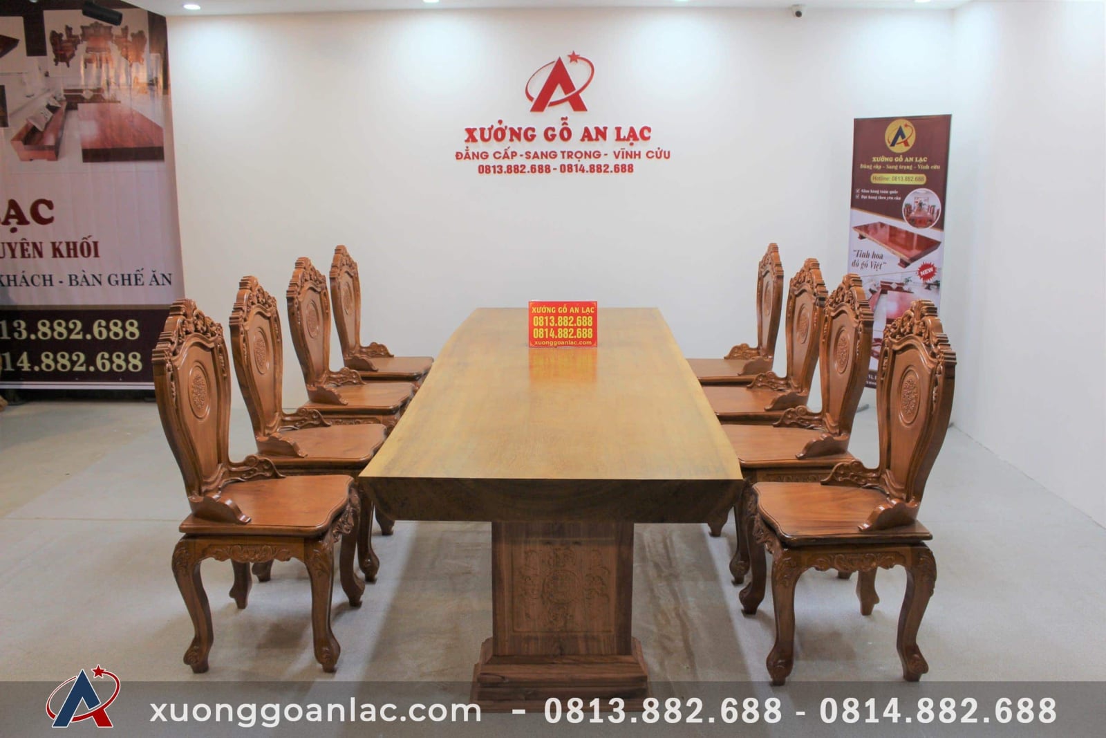 Bộ bàn ăn nguyên khối 303x103x12cm 8 ghế louis hoa lá tây có tay gỗ gõ đỏ siêu khủng 1 bàn nguyên khối louis hoa lá tây có tay