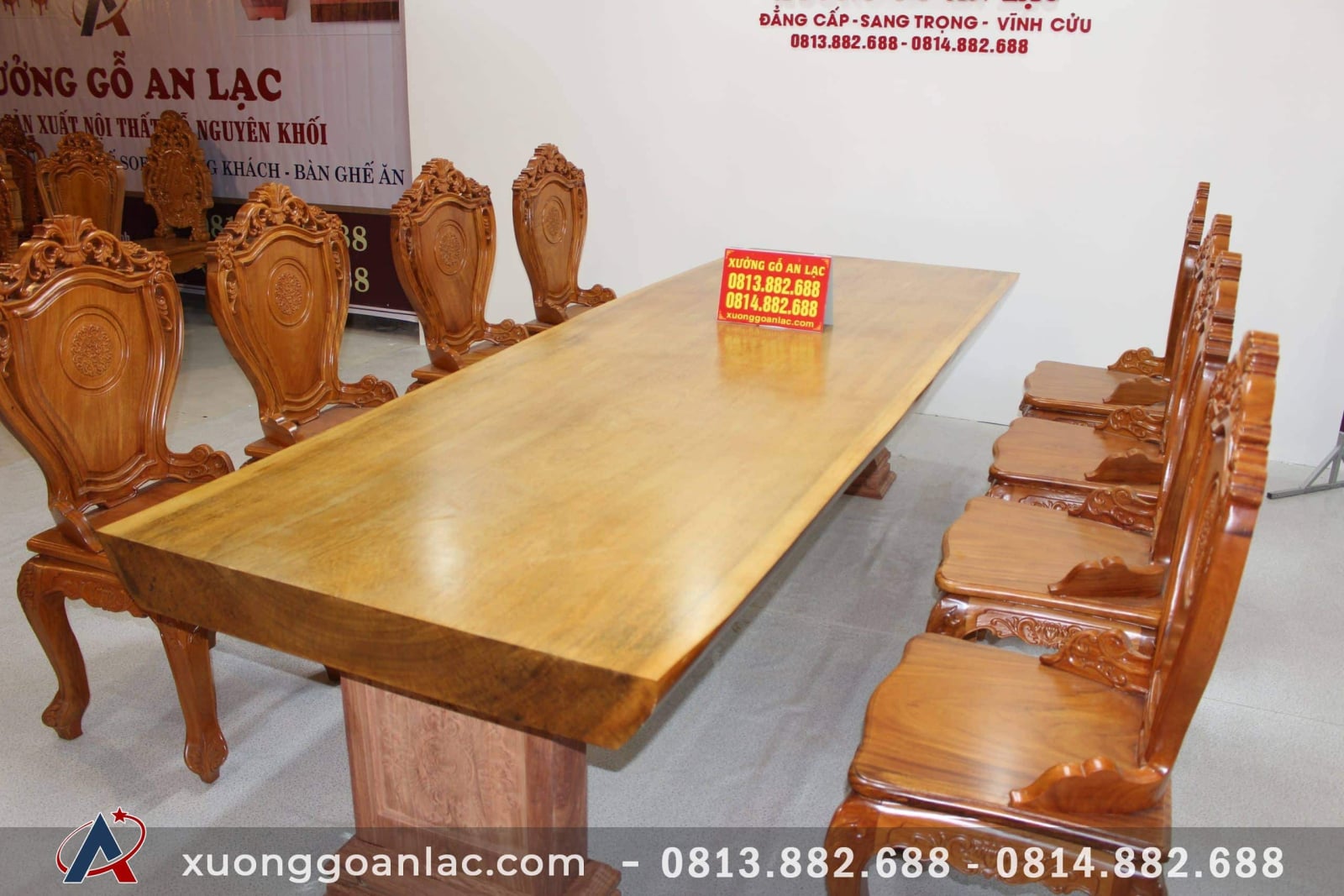 Bộ bàn ăn nguyên khối 303x103x12cm 8 ghế louis hoa lá tây có tay gỗ gõ đỏ siêu khủng 12 mẫu bàn nguyên khối vip