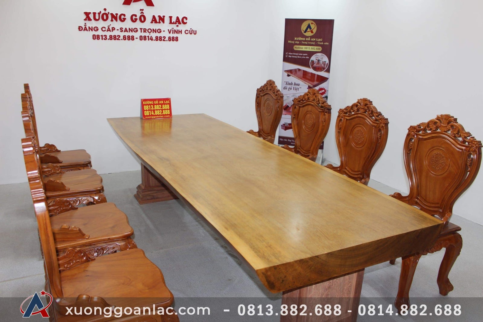 Bộ bàn ăn nguyên khối 303x103x12cm 8 ghế louis hoa lá tây có tay gỗ gõ đỏ siêu khủng 10 bộ bàn ăn nguyên khối