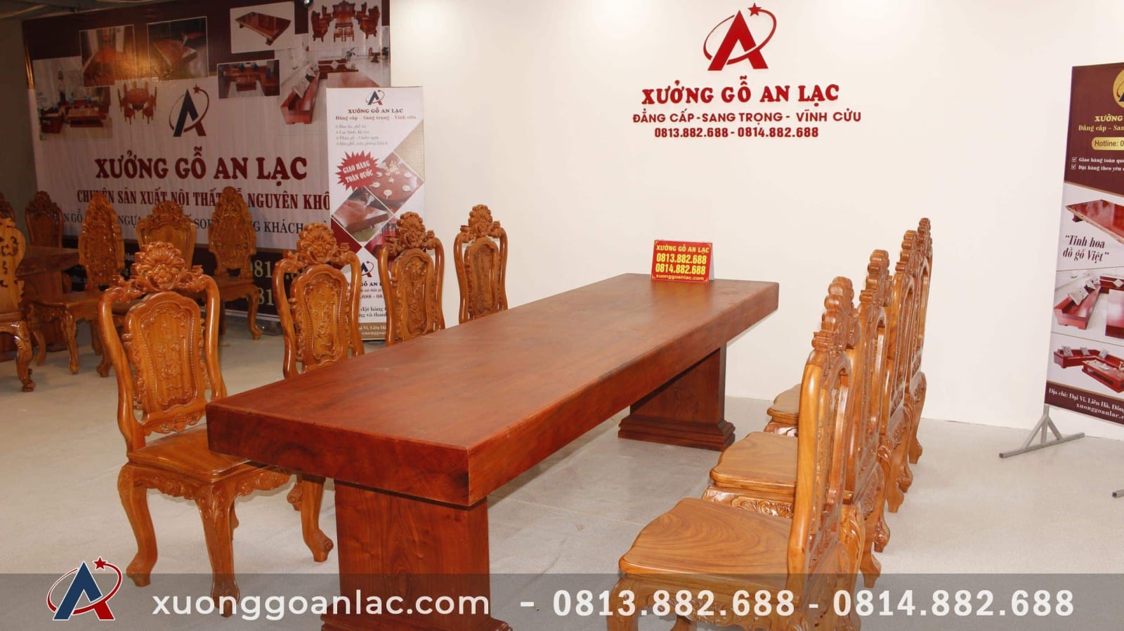 Bộ bàn ăn nguyên khối gỗ hương đá 290x83x15cm với 8 ghế louis hoa hồng đục hai mặt siêu vip 21 Bàn nguyên khối gỗ hương đá vs ghế luois hoa hồng