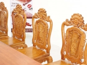 Bộ bàn ăn nguyên khối gỗ hương đá 290x83x15cm với 8 ghế louis hoa hồng đục hai mặt siêu vip 19 ghế ăn mẫu louis hoa hồng
