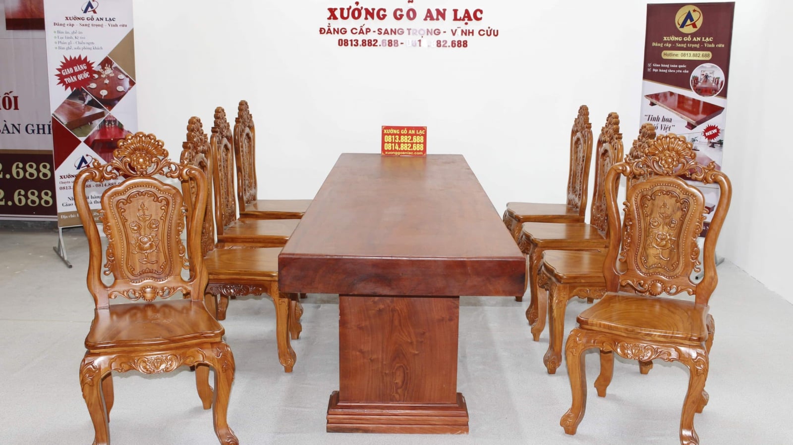 Bộ bàn ăn nguyên khối gỗ hương đá 290x83x15cm với 8 ghế louis hoa hồng đục hai mặt siêu vip 20 Bàn nguyên khối gỗ hương đá vs ghế louis hoa hồng