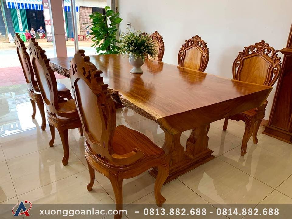Bộ bàn ăn nguyên tấm 6 ghế đục hoa lá tây gỗ cẩm hồng (Chị Phượng, TP Vinh) 3 bàn ăn nguyên tấm nguyên phe
