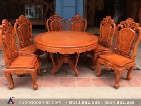Bàn ăn tròn bộ mẫu louis hoa hồng 6 ghế gỗ hương đá