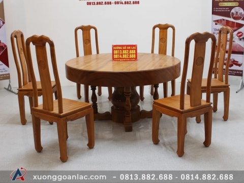 Bộ bàn ăn tròn nguyên khối gỗ gõ đỏ kết hợp 6 ghế triện chữ thọ thủ công