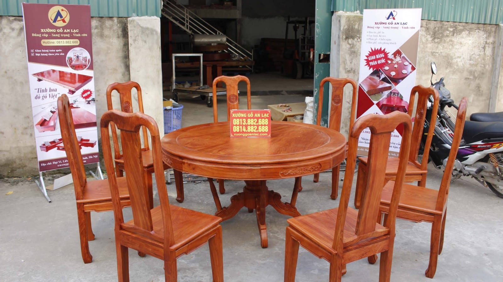 Bộ bàn ăn tròn khuôn tranh hương đá vs 8 ghế chữ thọ cực vip 21 Bộ bàn ăn tròn gỗ hương đá và 8 ghế chữ thọ