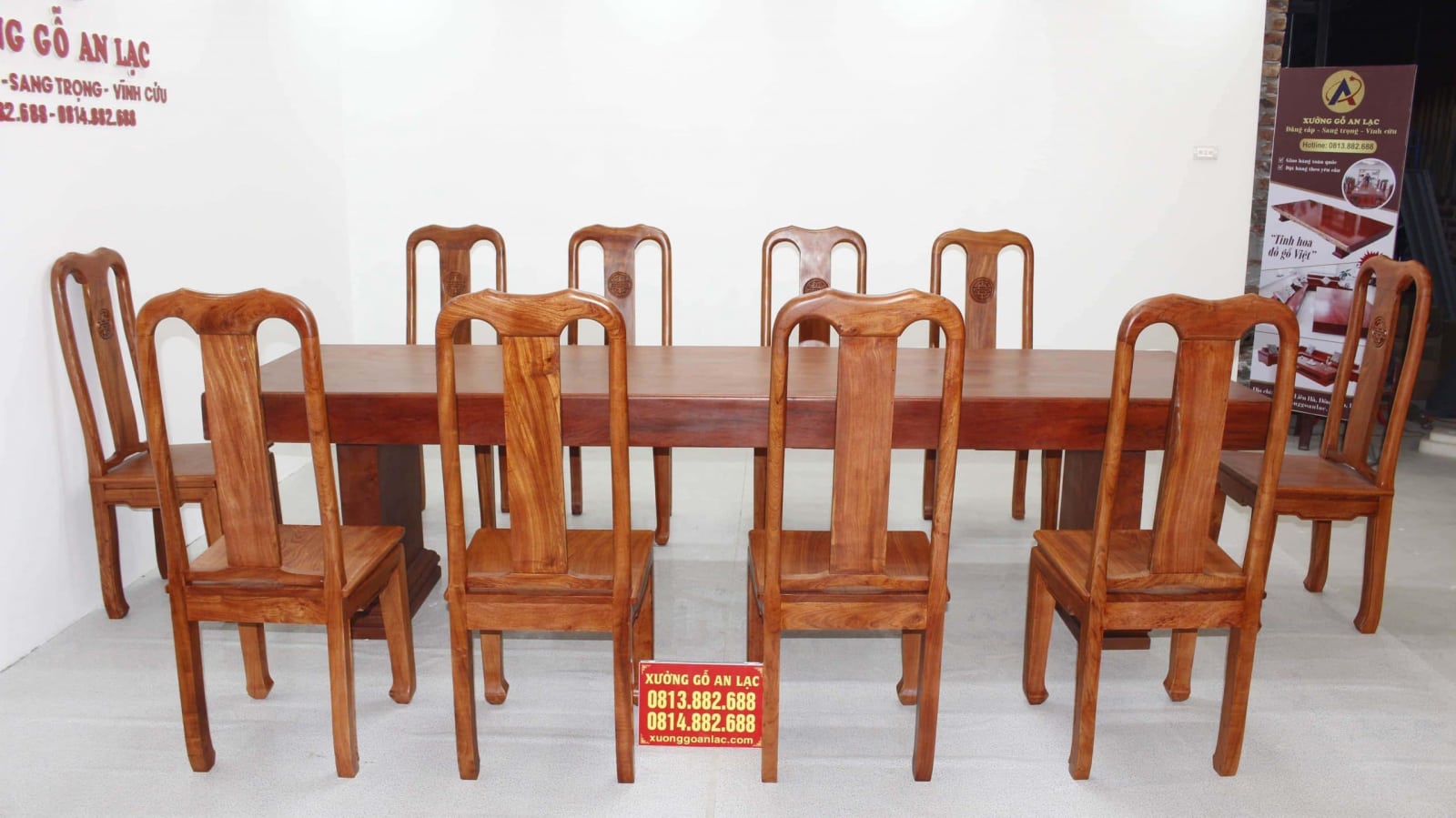 Bàn gỗ nguyên khối hương đá 3m với 10 ghế chữ thọ 11 bàn nguyên khối 283x80x14 vs 10 ghế chữ thọ hương