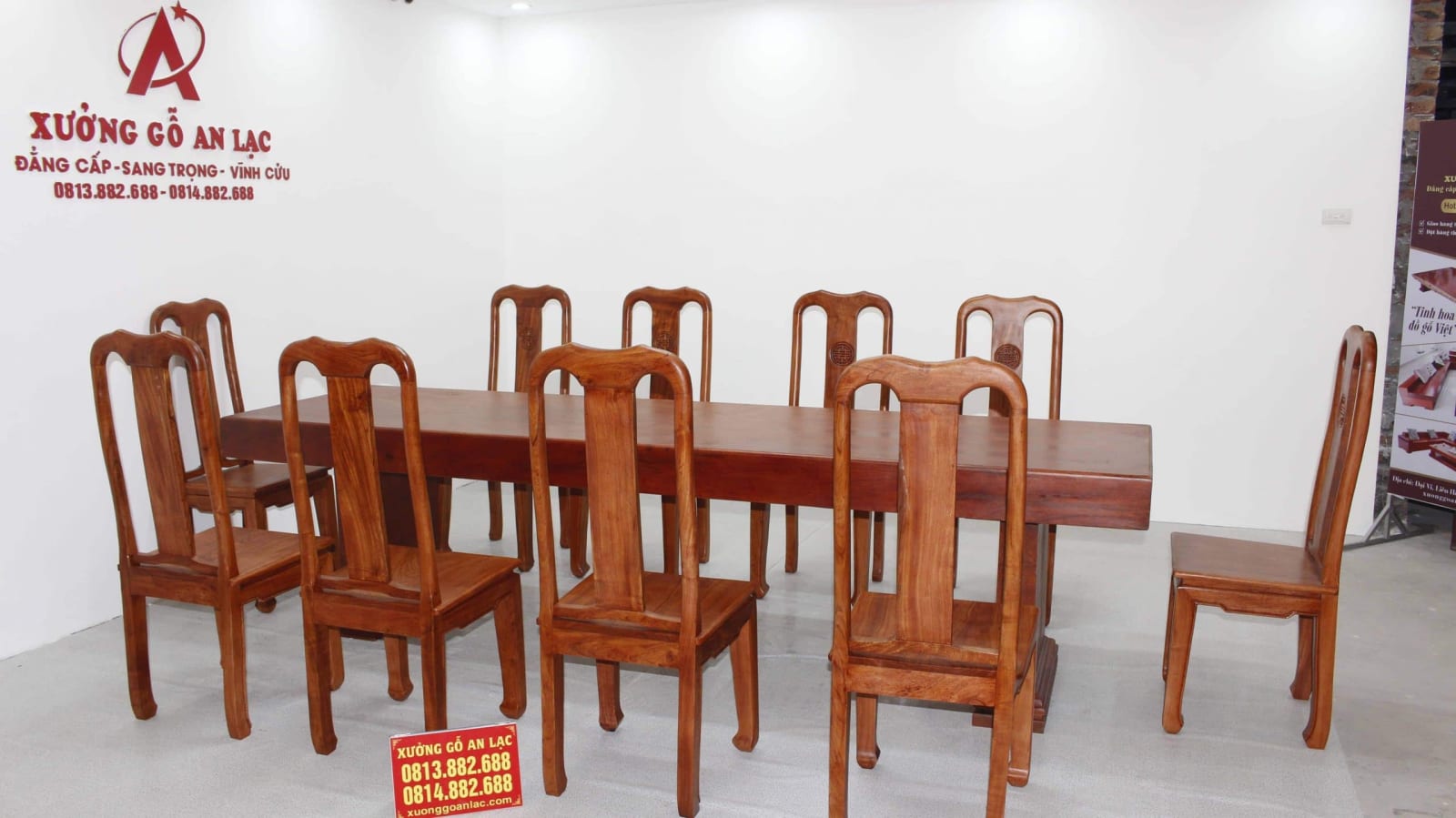 Bàn gỗ nguyên khối hương đá 3m với 10 ghế chữ thọ 10 bàn nguyên khối 283x80x14 vs 10 ghế chữ thọ hương