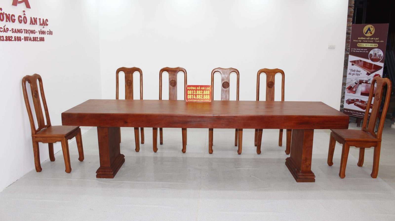 Bàn gỗ nguyên khối hương đá 3m với 10 ghế chữ thọ 6 bàn ăn chữ nhật