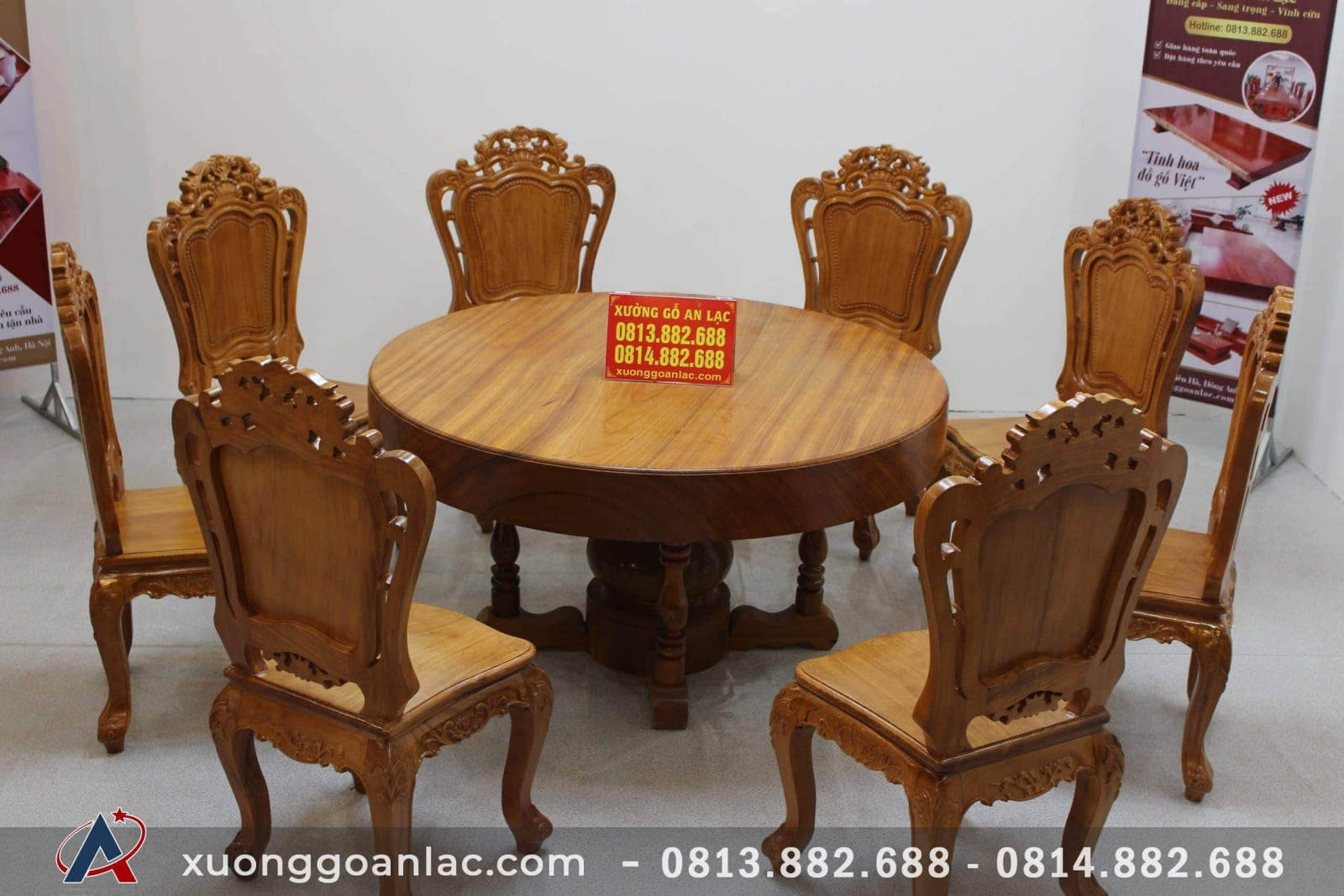 Bộ bàn tròn nguyên khối 8 ghế gỗ gõ đỏ louis hoàng gia vip 15 ghế ăn nhìn rất bề thế, vững trãi