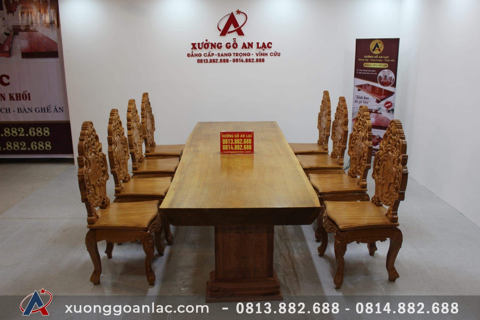 Siêu phẩm bàn ăn nguyên khối 303x103x12cm với 8 ghế hoàng gia vip tựa cong gỗ gõ đỏ 18 bàn ăn nguyên khối gỗ gõ nguyên phe
