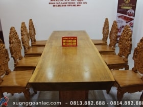 Siêu phẩm bàn ăn nguyên khối 303x103x12cm với 8 ghế hoàng gia vip tựa cong gỗ gõ đỏ 10 bàn phe ghế hoàng gia vip tựa cong