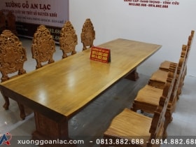 Siêu phẩm bàn ăn nguyên khối 303x103x12cm với 8 ghế hoàng gia vip tựa cong gỗ gõ đỏ 12 bàn ăn 8 ghế