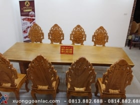 Siêu phẩm bàn ăn nguyên khối 303x103x12cm với 8 ghế hoàng gia vip tựa cong gỗ gõ đỏ 14 bàn phe ghế hoàng gia vip tựa cong