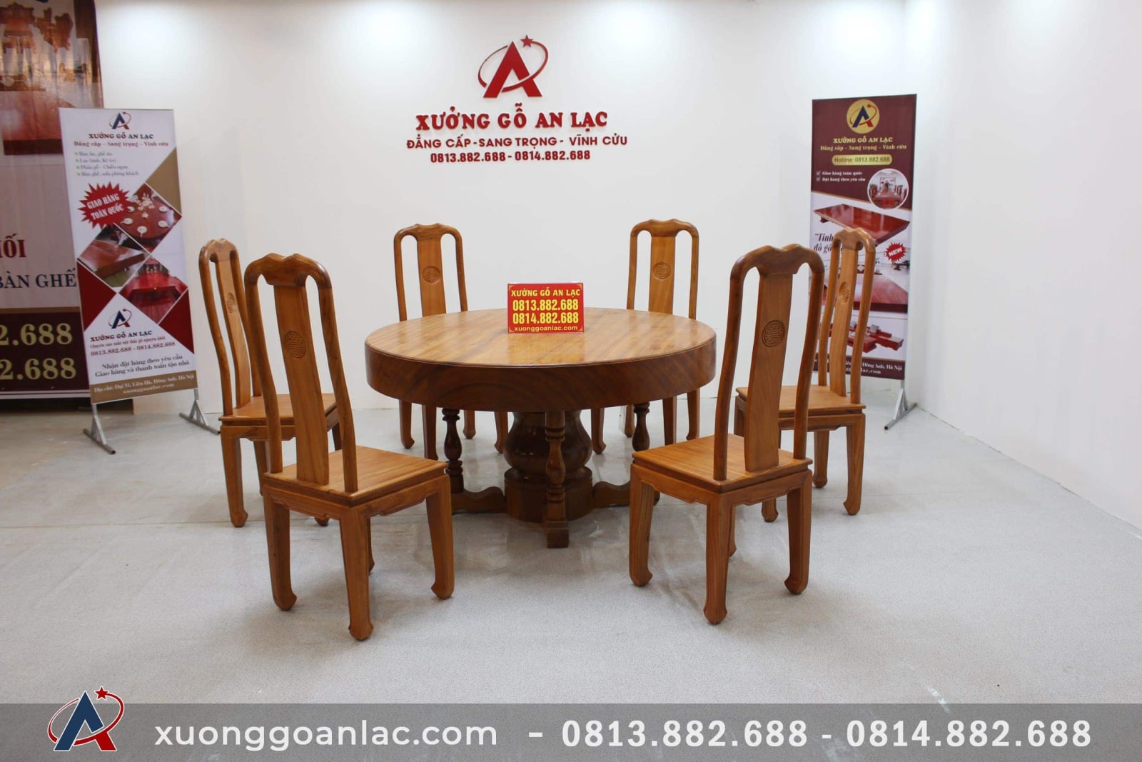 Bộ bàn ăn tròn nguyên khối gỗ gõ đỏ kết hợp 6 ghế triện chữ thọ thủ công 12 bộ bàn ăn nguyên khối vs mẫu ghế triện chữ thọ