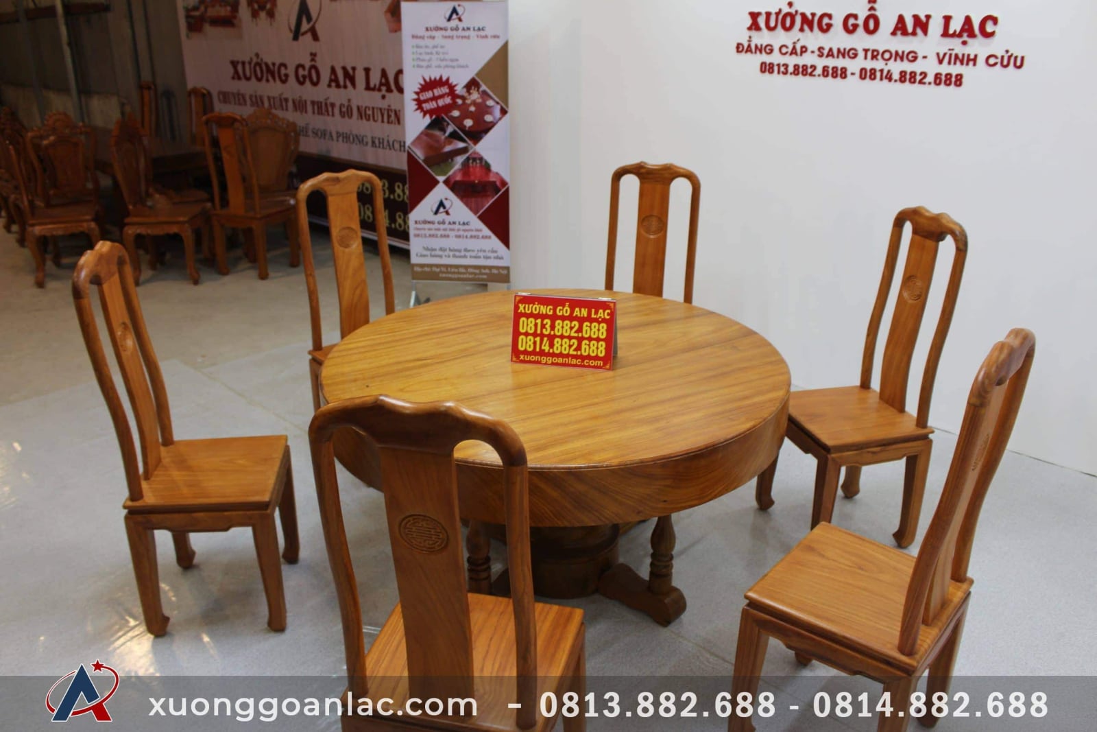 Bộ bàn ăn tròn nguyên khối gỗ gõ đỏ kết hợp 6 ghế triện chữ thọ thủ công 13 Bộ bàn ăn nguyên khối gỗ gõ đỏ