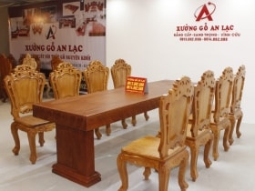 Bộ bàn ăn chữ nhật nguyên khối hương đá đục tim 2m79 với 8 ghế louis hoa lá tây 16 bộ hoa lá tây siêu vip 8 ghế (1)