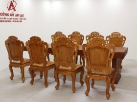 Bộ bàn ăn chữ nhật nguyên khối hương đá đục tim 2m79 với 8 ghế louis hoa lá tây 19 bộ hoa lá tây siêu vip 8 ghế (1)