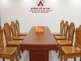 Bộ bàn ăn chữ nhật nguyên khối hương đá đục tim 2m79 với 8 ghế louis hoa lá tây 15 bộ hoa lá tây siêu vip 8 ghế (1)