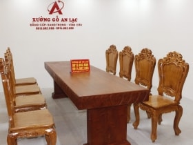 Bộ bàn ăn chữ nhật nguyên khối hương đá đục tim 2m79 với 8 ghế louis hoa lá tây 17 bộ hoa lá tây siêu vip 8 ghế (1)