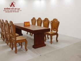 Bộ bàn ăn chữ nhật nguyên khối hương đá đục tim 2m79 với 8 ghế louis hoa lá tây 18 bộ hoa lá tây siêu vip 8 ghế (1)