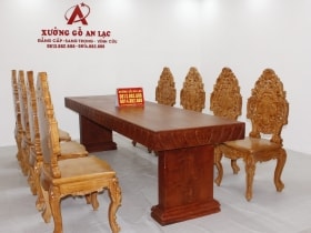 Bộ bàn nguyên khối 8 ghế hoàng gia vip đục tựa cong gỗ hương đá siêu vân cực đỉnh 12 bàn ăn gỗ hương đá