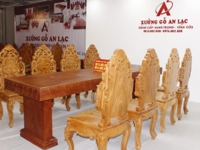 Bộ bàn nguyên khối 8 ghế hoàng gia vip đục tựa cong gỗ hương đá siêu vân cực đỉnh 13 bàn ăn 8 ghế