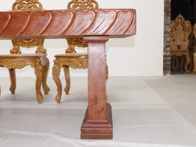 Bộ bàn nguyên khối 8 ghế hoàng gia vip đục tựa cong gỗ hương đá siêu vân cực đỉnh 15 bàn ăn chân nguyên khối