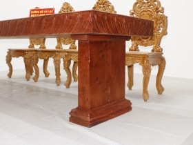 Bộ bàn nguyên khối 8 ghế hoàng gia vip đục tựa cong gỗ hương đá siêu vân cực đỉnh 16 chân bàn trơn