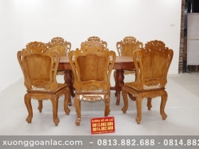 Bộ bàn ăn bầu dục khuôn tranh 1m93 gỗ hương đá với 6 ghế hoa lá tây 16 Bàn ăn gỗ hương đá bầu dục khuôn tranh
