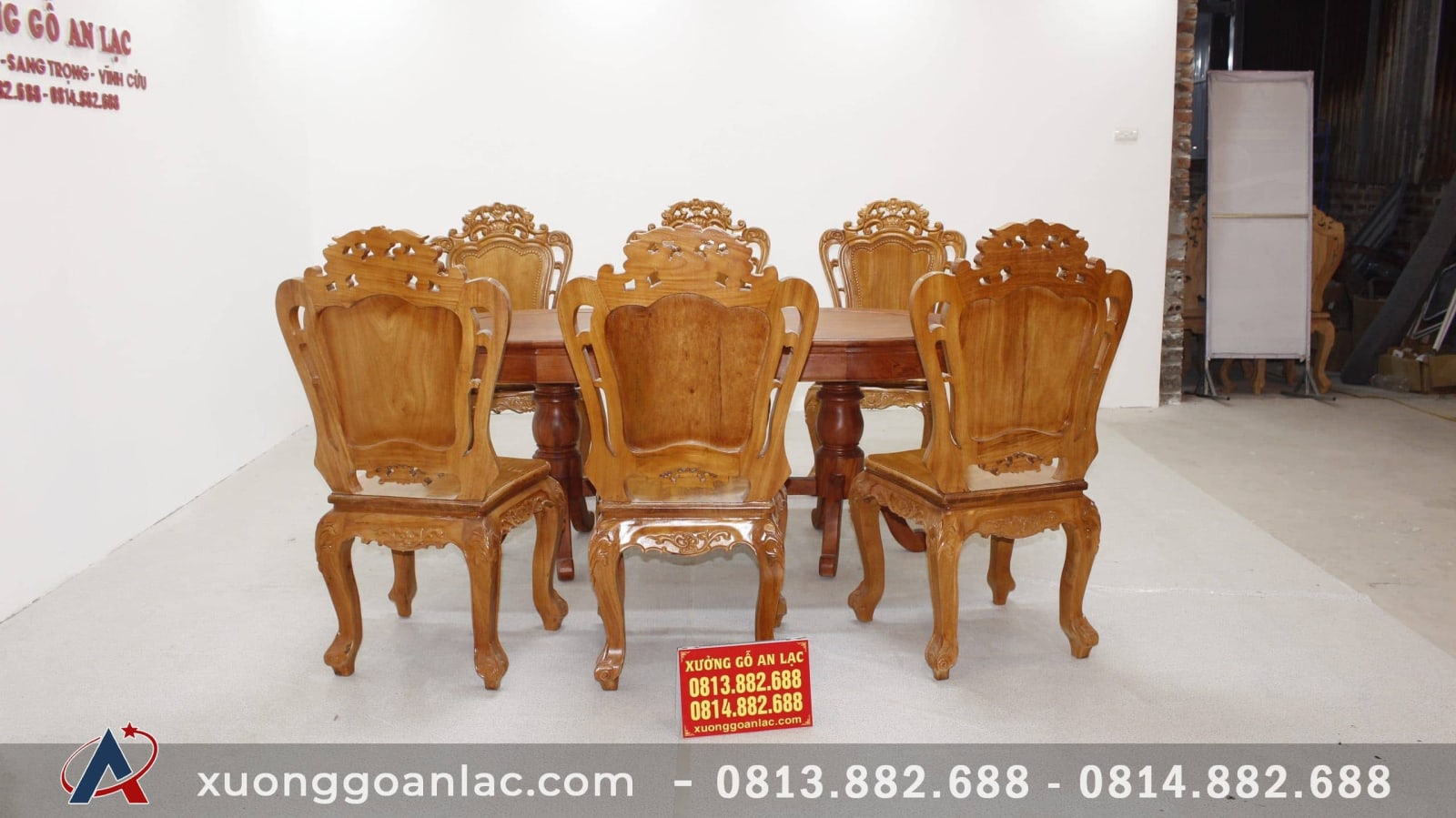 Bộ bàn ăn bầu dục khuôn tranh 1m93 gỗ hương đá với 6 ghế hoa lá tây 4 Bàn ăn gỗ hương đá bầu dục khuôn tranh