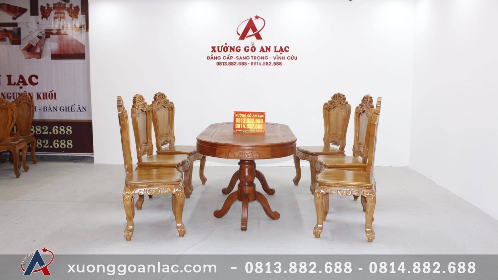 Bộ bàn ăn bầu dục khuôn tranh 1m93 gỗ hương đá với 6 ghế hoa lá tây 26 Bàn ăn gỗ hương đá bầu dục khuôn tranh