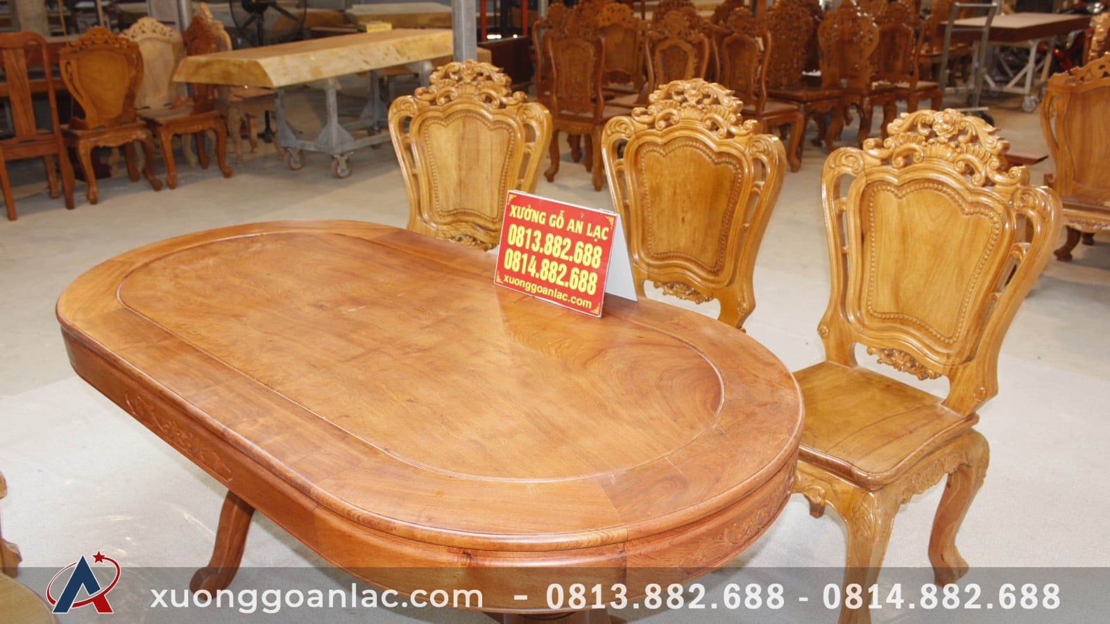 Bộ bàn ăn bầu dục khuôn tranh 1m93 gỗ hương đá với 6 ghế hoa lá tây 7 Bàn ăn gỗ hương đá bầu dục