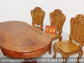 Bộ bàn ăn bầu dục khuôn tranh 1m93 gỗ hương đá với 6 ghế hoa lá tây 20 Bàn ăn gỗ hương đá