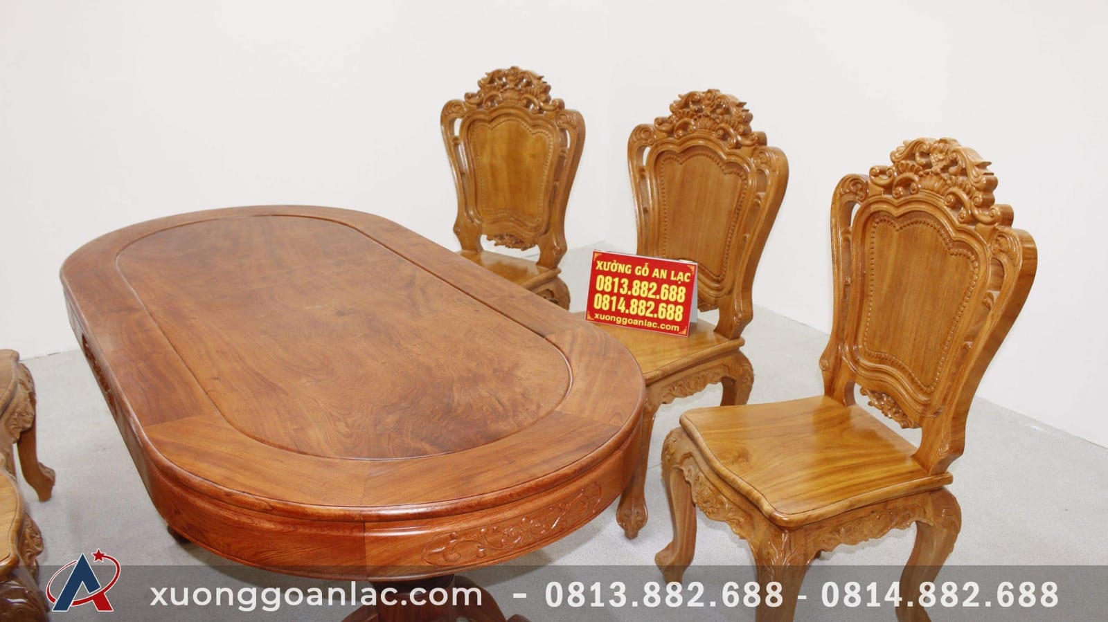 Bộ bàn ăn bầu dục khuôn tranh 1m93 gỗ hương đá với 6 ghế hoa lá tây 8 Bàn ăn gỗ hương đá