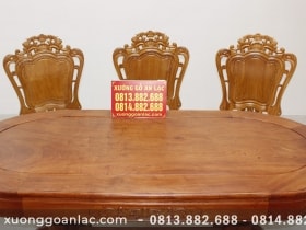 Bộ bàn ăn bầu dục khuôn tranh 1m93 gỗ hương đá với 6 ghế hoa lá tây 22 Bàn ăn gỗ hương đá bầu dục khuôn tranh