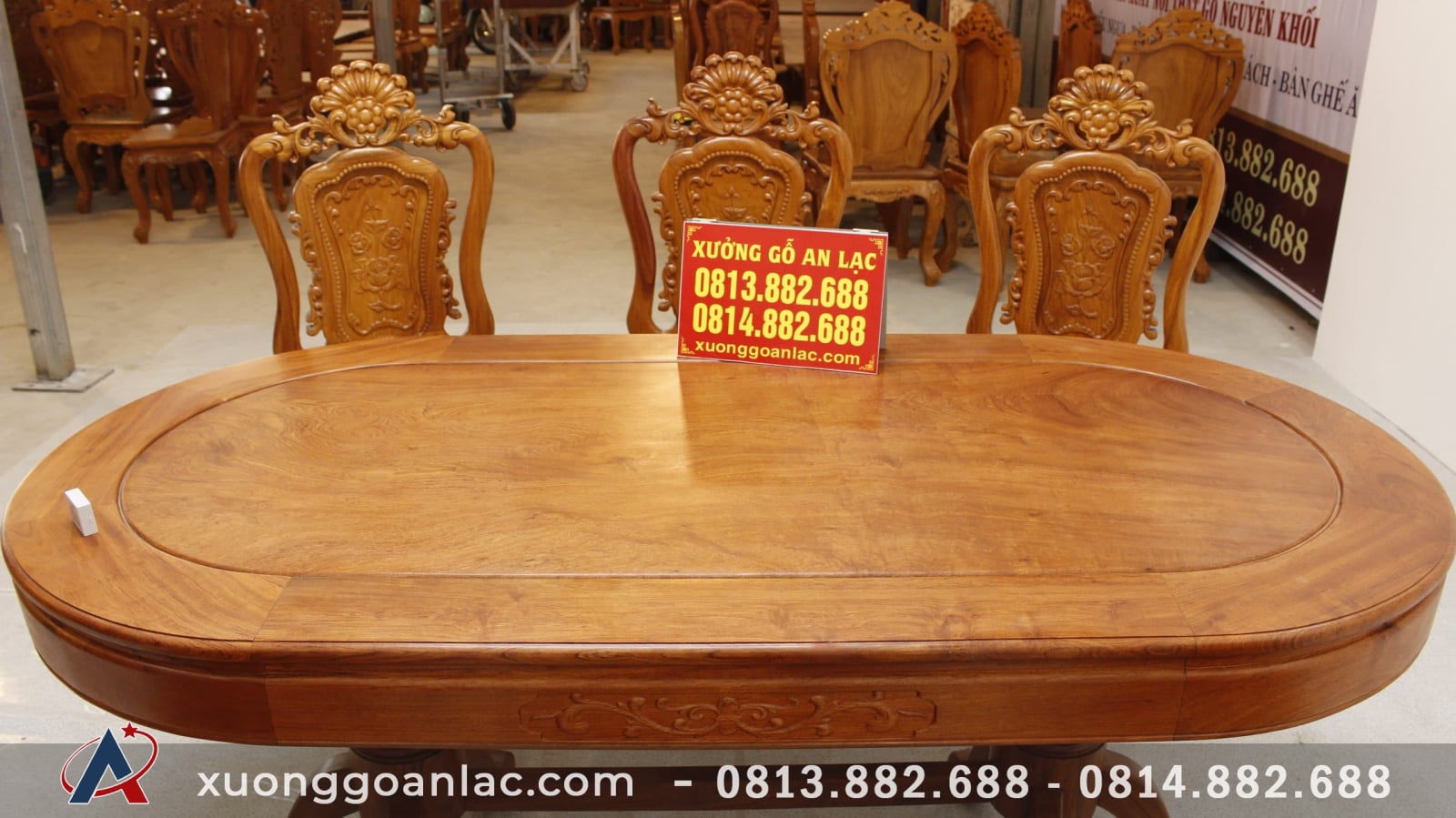 Bộ bàn ăn bầu dục 6 ghế hồng hạc đục tay gỗ hương đá (Anh Tấn, Điện Biên) 29 mặt bàn khung tranh giữ trơn