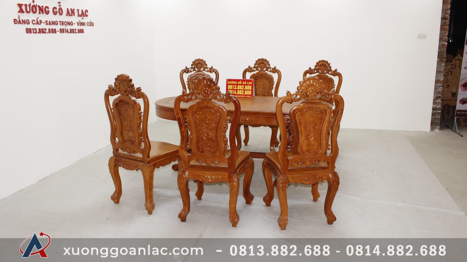 Bộ bàn ăn bầu dục 6 ghế hồng hạc đục tay gỗ hương đá (Anh Tấn, Điện Biên) 27 Bàn ăn gỗ hương đá
