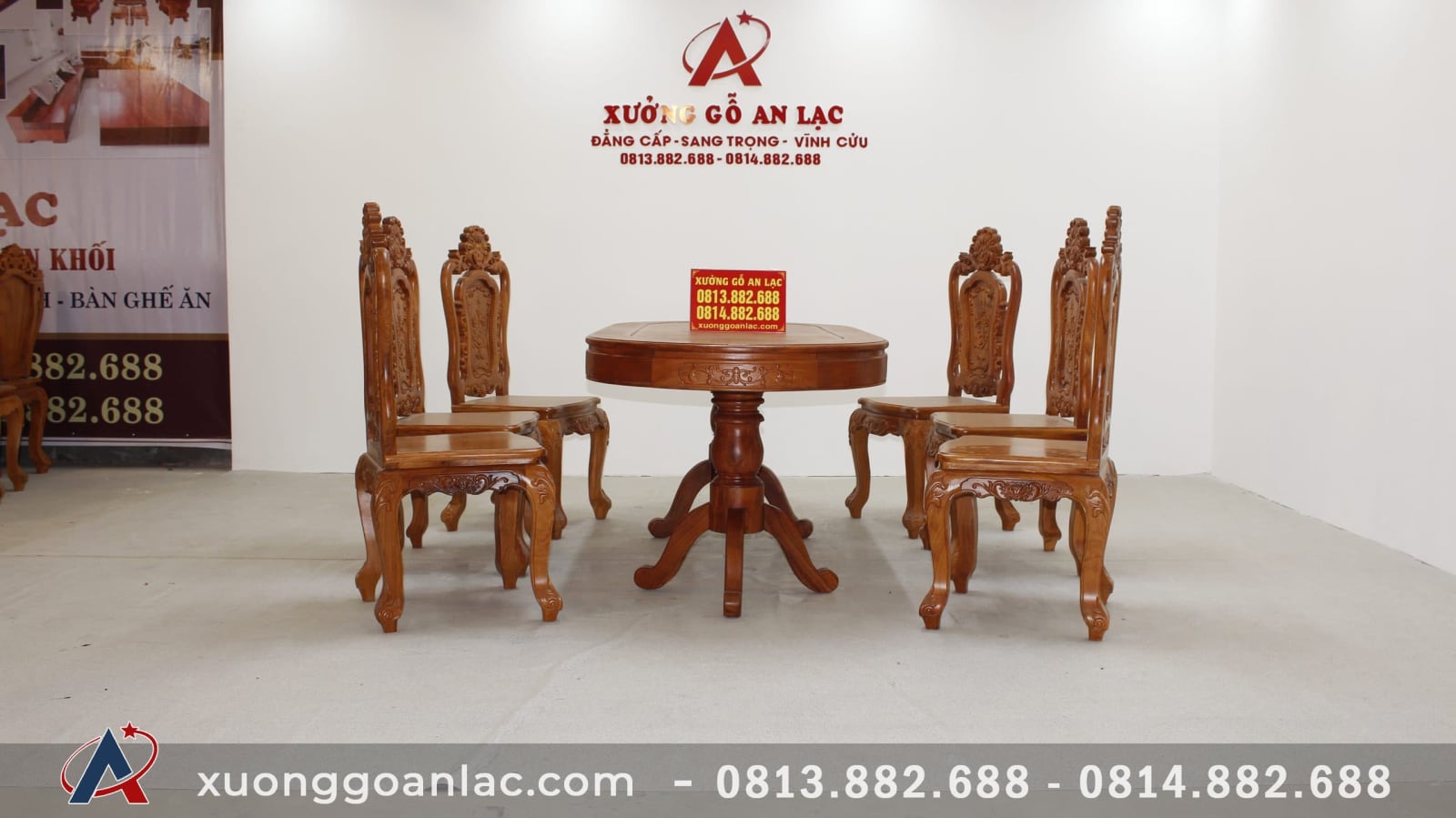 Bộ bàn ăn bầu dục 6 ghế hồng hạc đục tay gỗ hương đá (Anh Tấn, Điện Biên) 26 Bàn ăn khuôn tranh gỗ hương đá ghế louis hồng hạc đục tay