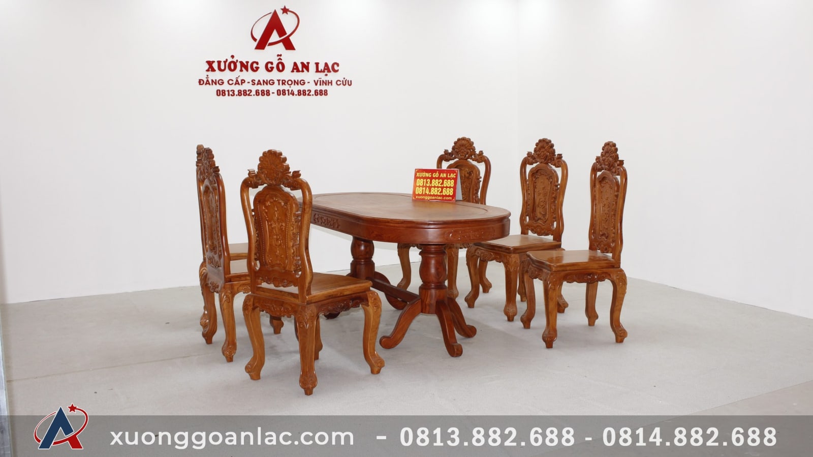 Bộ bàn ăn bầu dục 6 ghế hồng hạc đục tay gỗ hương đá (Anh Tấn, Điện Biên) 32 Bộ bàn ăn 6 ghế gỗ hương đá tự nhiên