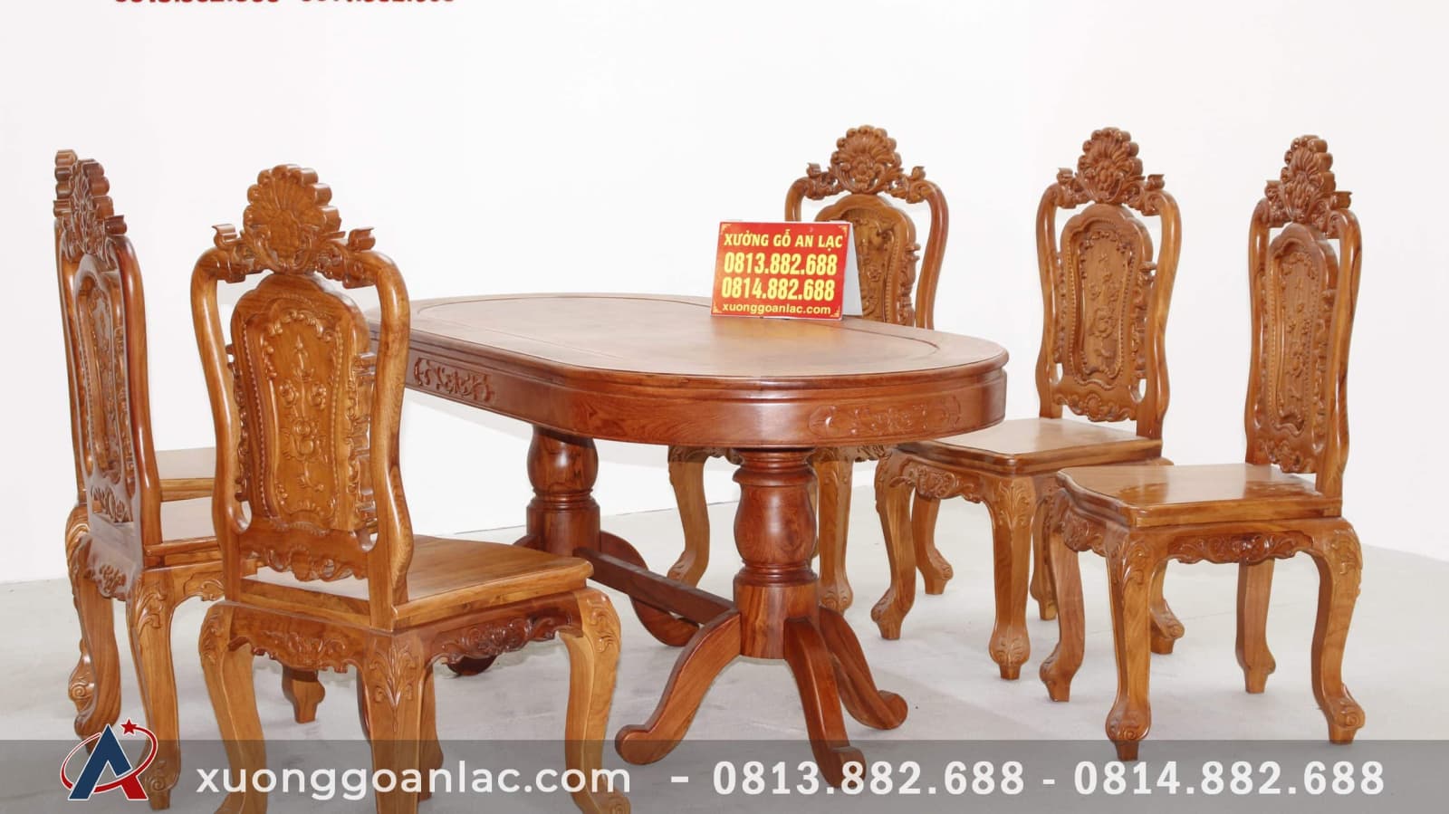 Bộ bàn ăn bầu dục 6 ghế hồng hạc đục tay gỗ hương đá (Anh Tấn, Điện Biên) 28 bàn ăn bầu dục