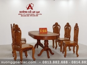 Bộ bàn ăn bầu dục 6 ghế hồng hạc đục tay gỗ hương đá (Anh Tấn, Điện Biên) 14 Ban an khuon tranh go huong da vs ghe louis hong hac duc tay 8 scaled