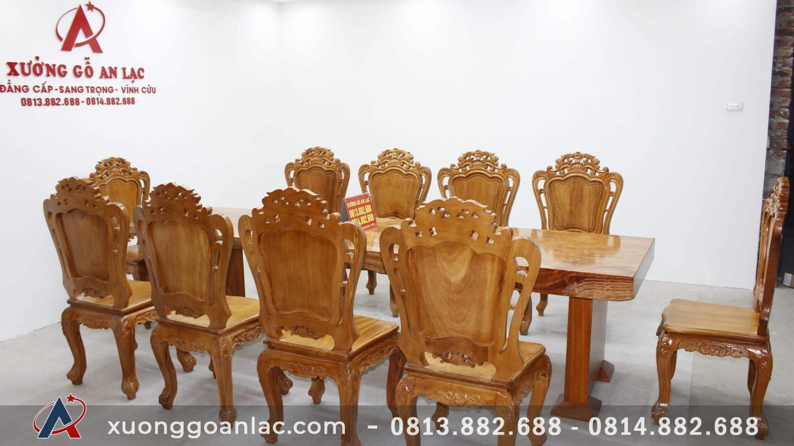 Bàn nguyên khối gỗ nu gõ 3m05 với 10 ghế hoa lá tây đục tay cực vip 26 bàn ăn 10 ghế gỗ gõ đỏ cao cấp