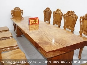 Bàn nguyên khối gỗ nu gõ 3m05 với 10 ghế hoa lá tây đục tay cực vip 12 bộ bàn ăn nguyên khối 10 ghế